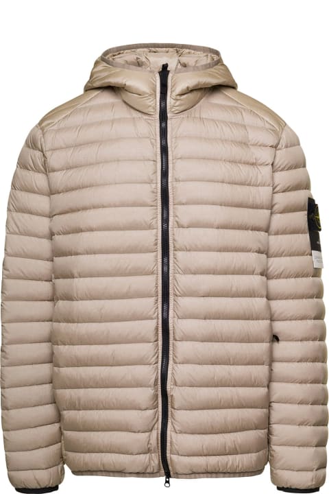 Beige Down Jacket With Fixed Hood And Logo Patch In Polyamide Man