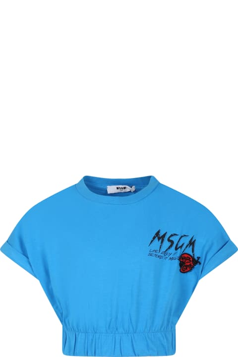 MSGM T-Shirts & Polo Shirts for Women MSGM Light Blue Crop T-shirt For Girl With Logo And Ladybug