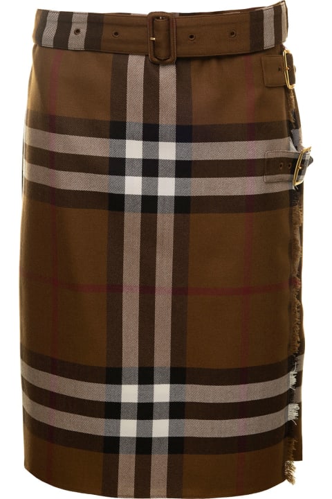 Midi Wrap Skirt With Check Motif Brown Wool Woman Burberry