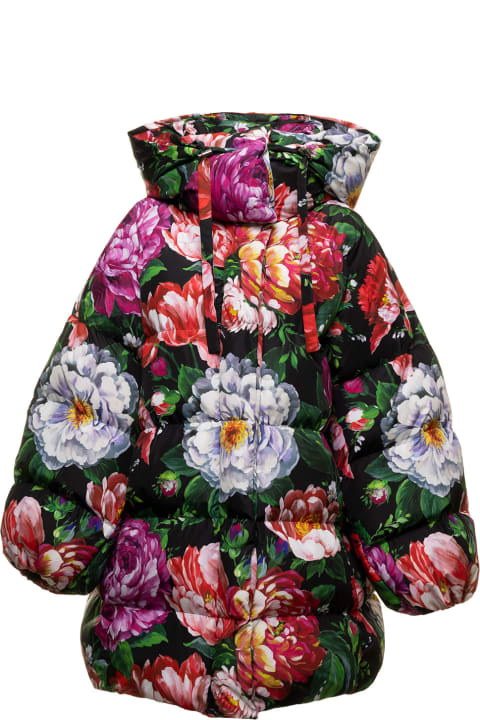Multicoloured Long Down Jacket In Nylon With Pictorial Floral Print Dolce & Gabbana Woman