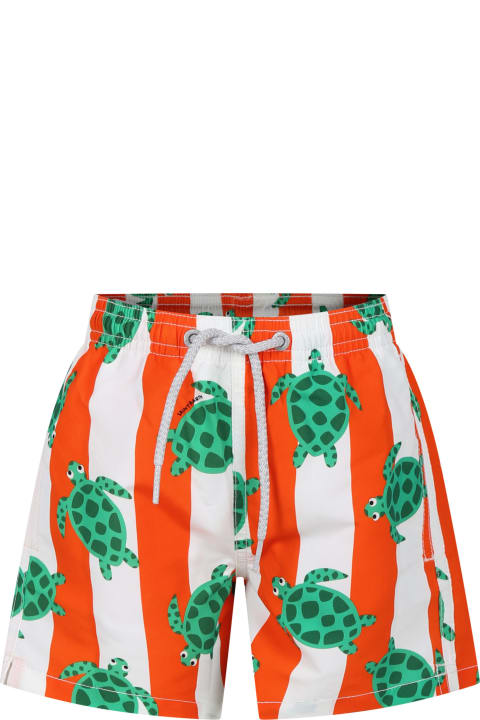 Swimwear for Boys MC2 Saint Barth Orange Swim Shorts For Boy With Turtle Print