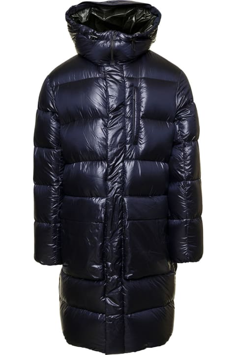 'mejikino' Long Blue Down Jacket With Hood And Logo Patch In Shiny Nylon Man