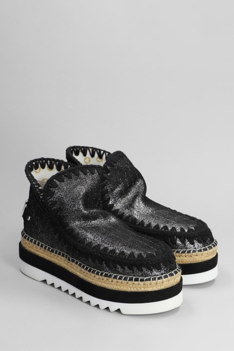 Mou Shoes for Women Mou Eskimo Jute Eva Low Heels Ankle Boots In Black Glitter