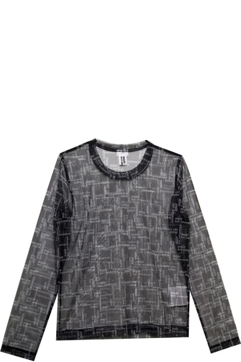 Noir Kei Ninomiya Woman's Black Tulle Long-sleeved Shirt With Allover Logo Print