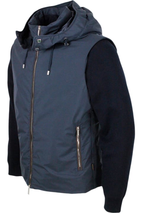 Moorer for Men Moorer Bomber Jacket In A Mix Of Materials With Detachable Hood In Smooth Waterproof Fabric And Padded With Light Down. The Cotton Sleeves Are Detachable