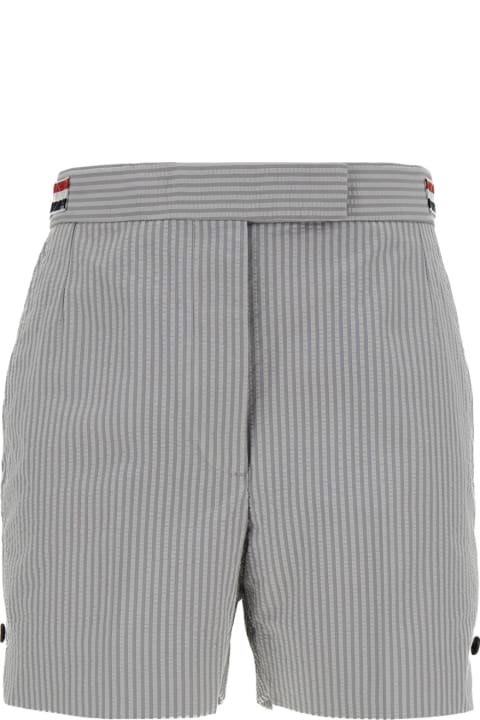 Thom Browne for Women Thom Browne Angled Pocket Thigh Length Short W/ Side Tabs In Cotton Seersucker