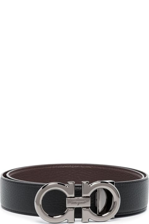 メンズ Ferragamoのベルト Ferragamo Black And Brown Reversible Buckle Belt With Gancini Logo In Leather Man