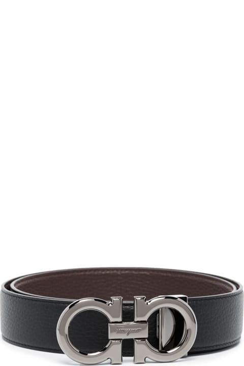 Homeware Ferragamo Black And Brown Reversible Buckle Belt With Gancini Logo In Leather Man