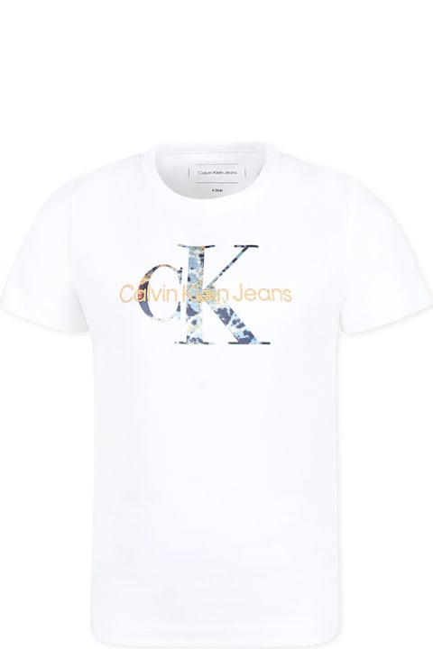 Calvin Klein قمصان بياقة دائرية وقمصان البولو لـ أولاد Calvin Klein White T-shirt For Boy With Logo