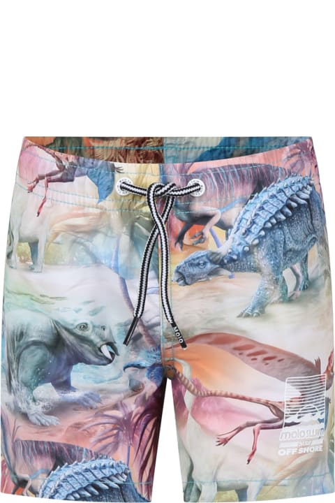 Molo Swimwear for Boys Molo Multicolor Swim Shorts For Boy With Dinosaur Print