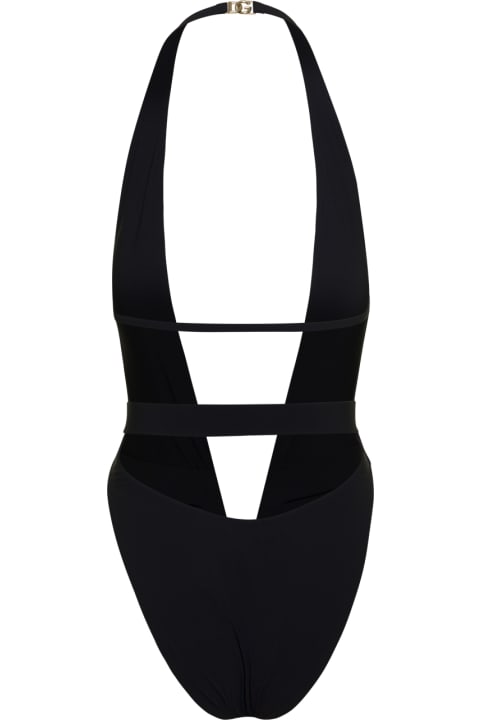 Black One-piece Swimsuit With Plunging V Neck With Belt In Lycra Woman Dolce & Gabbana