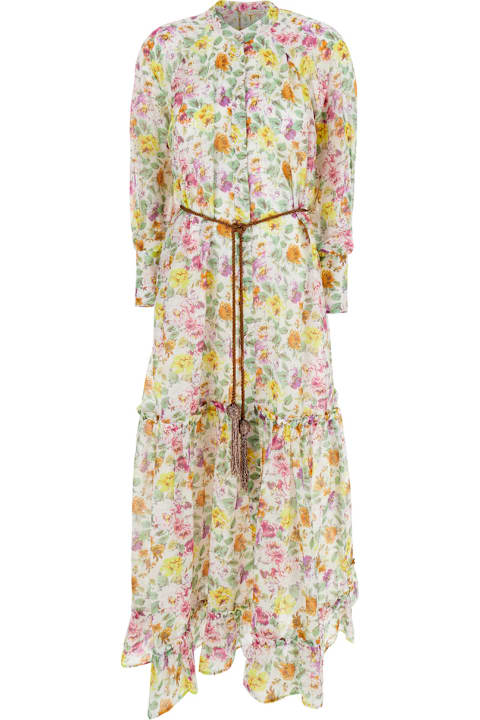 Homeware Anjuna 
lee
 Multicolor Crewneck Kaftan With All-over Floral Motif And Waist Cord In Cotton And Silk Blend Woman