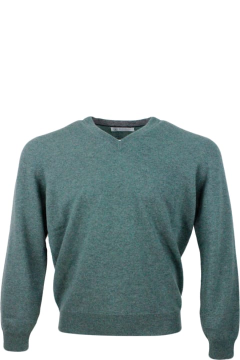 Brunello Cucinelli for Men Brunello Cucinelli Long-sleeved V-neck Sweater In Fine 100% Cashmere With Contrasting Piping On The Cuff