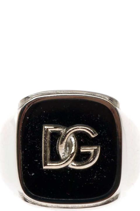 Dolce & Gabbana Man's Black Enameled Brass Ring With Logo
