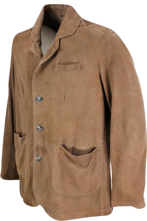 メンズ Barba Napoliのコート＆ジャケット Barba Napoli Jacket In Soft And Fine Single-breasted Suede With 3-button Placket And Patch Pockets