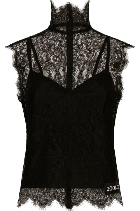 Black Turtle-neck Tank Top With Re-edition Patch In Chantilly Lace Woman