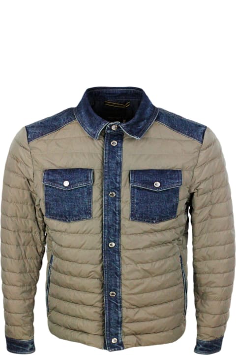 Moorer Clothing for Men Moorer 100 Gram Light Down Jacket With Denim Inserts And Details. Internal And External Side Pockets And Button Closure