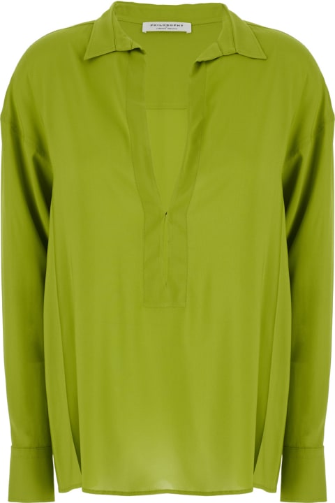 Philosophy di Lorenzo Serafini Topwear for Women Philosophy di Lorenzo Serafini Green Shirt With Open Collar And V Neck In Stretch Viscose Woman