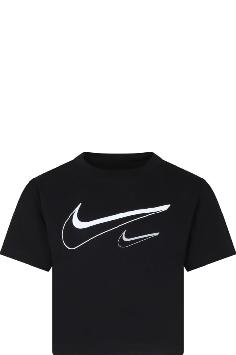 Nike قمصان بياقة دائرية وقمصان البولو لـ بنات Nike Black T-shirt For Girl With Swoosh