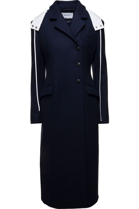 Ferragamo for Women Ferragamo Long Blue Coat With Contrasting Detachable Hood In Wool Woman