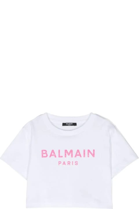 Balmainのガールズ Balmain Crop T-shirt With Pink Glitter Logo