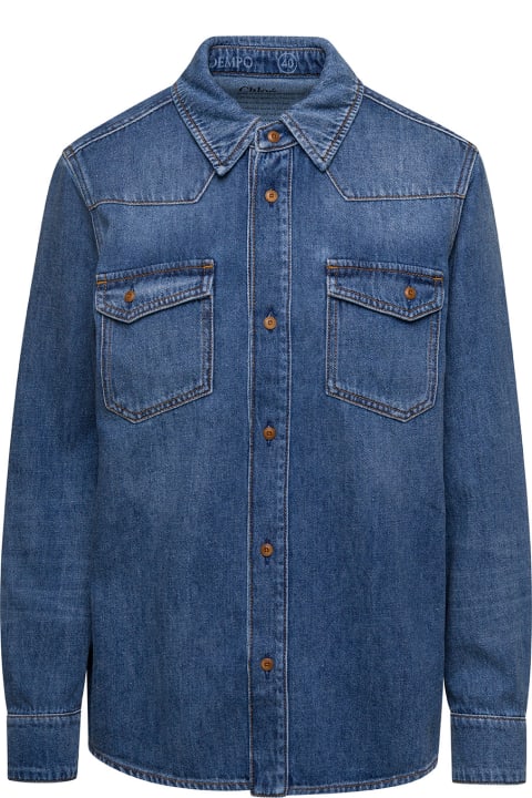 Blue Long-sleeve Shirt With Contrasting Stitching In Denim Woman