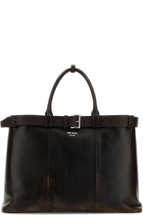 Prada Bags for Men Prada Dark Brown Nappa Leather Large Prada Buckle Shopping Bag
