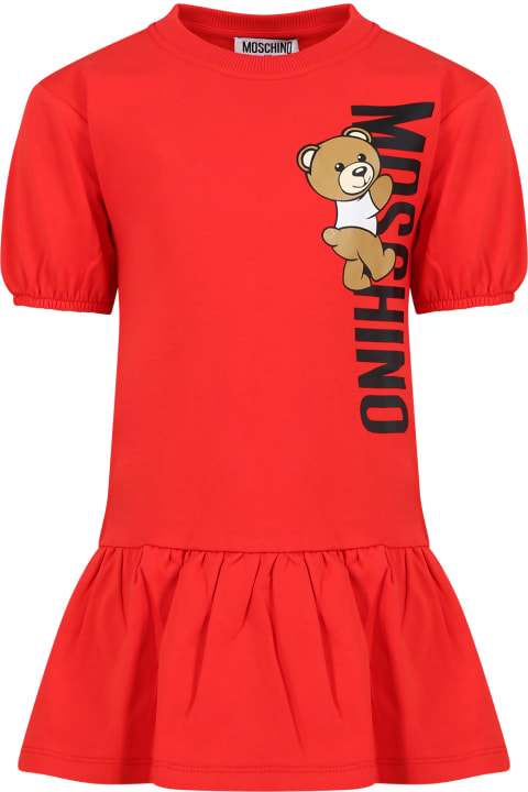Moschino Kids Moschino Red Dress For Girl With Teddy Bear And Logo