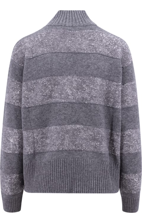 Brunello Cucinelli for Women Brunello Cucinelli Long-sleeved Turtleneck Sweater In Fine Wool, Cashmere And Silk With Striped Pattern With Exclusive Micro Sequin Details