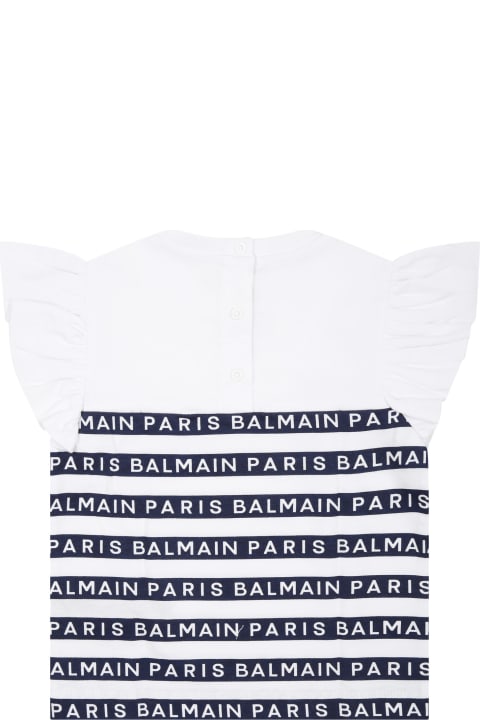 Balmain for Kids Balmain White T-shirt For Baby Girl With Blue Stripes