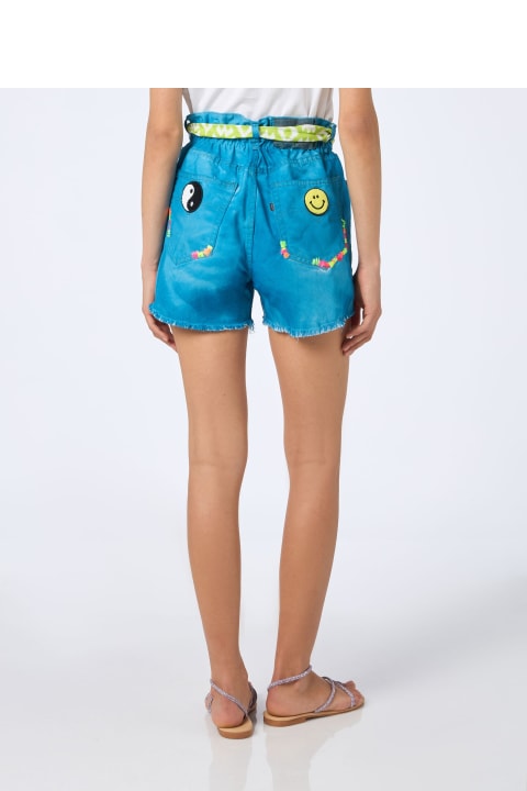 أدوات منزلية MC2 Saint Barth Woman Upcycled Turquoise Denim Shorts Arizona With Embroidery