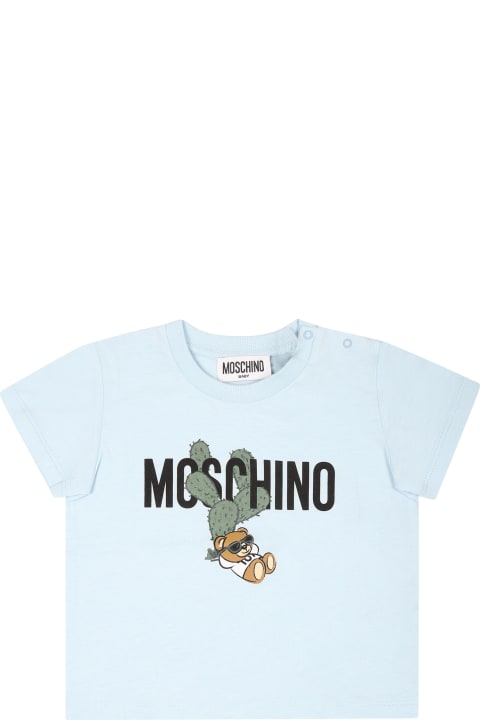 Moschino Topwear for Baby Boys Moschino Light Blue T-shirt For Baby Boy With Teddy Bear And Cactus