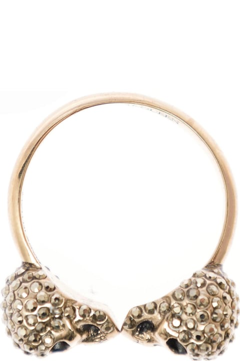 Alexander Mcqueen Woman's Brass Twin Skull Ring With Crystals Applied