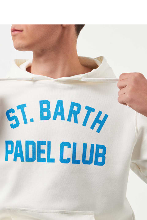 Homeware MC2 Saint Barth Man Cotton Hooded White Sweatshirt With Bluette St. Barth Padel Club Print