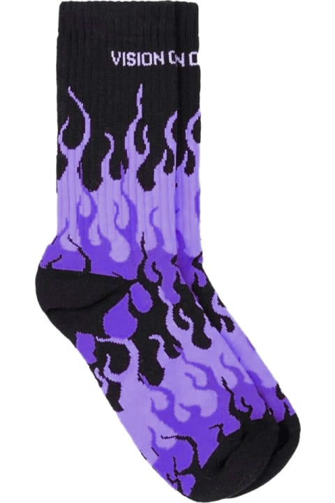 Clothing Sale for Men Vision of Super Black Socks With Triple Purple Flame