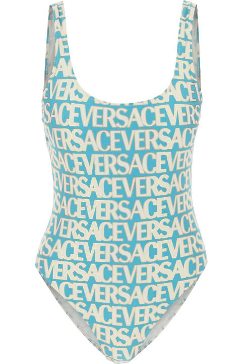 Versace Clothing for Women Versace Blue One-piece Swimsuit With All-over Logo Lettering Print In Stretch Tech Fabric Woman