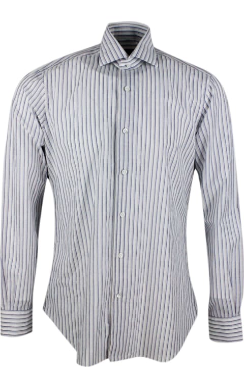 Barba Napoli Shirts for Men Barba Napoli Long-sleeved Cult Shirt With French Collar With Gray And Blue Stripes On A White Base In Cotton And Linen