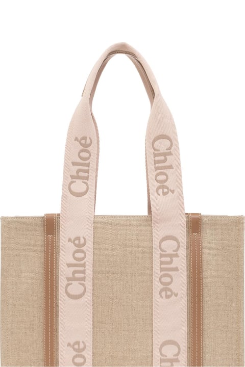 Chloé Totes for Women Chloé Pink And Beige Woody Medium Shopping Bag With Shoulder Strap