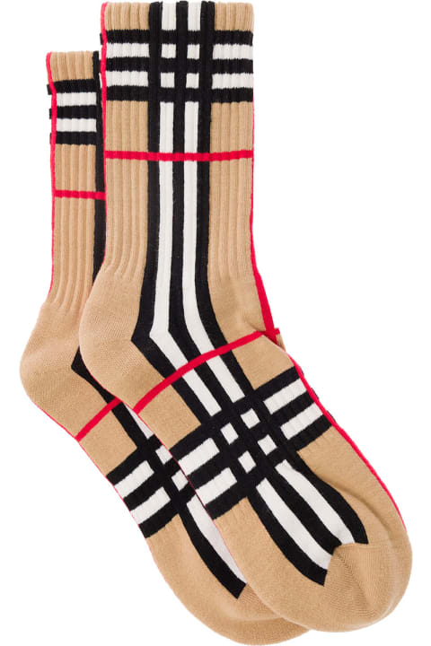 Beige Socks With Vintage Check Motif In Stretch Nylon Blend Man