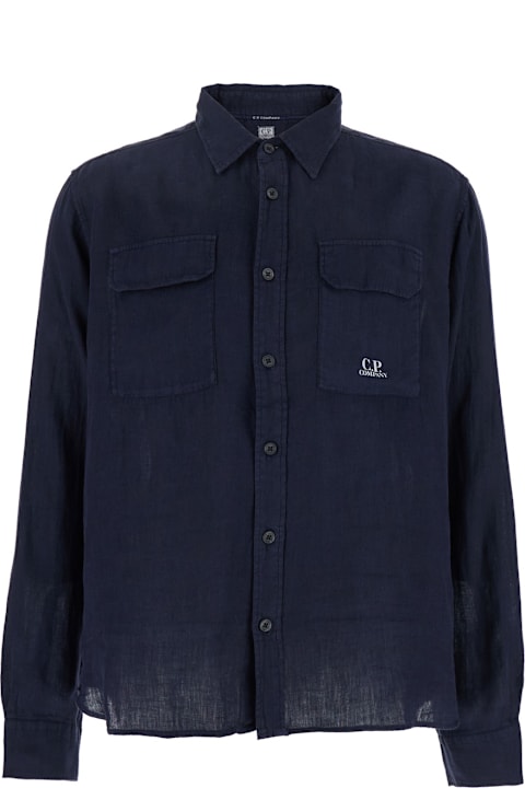 Homeware C.P. Company Blue Shirt With Lettering Logo Printed On The Front In Linen Man