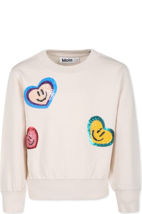 Fashion for Kids Molo Ivory Sweatshirt For Girl With Sequins Hearts