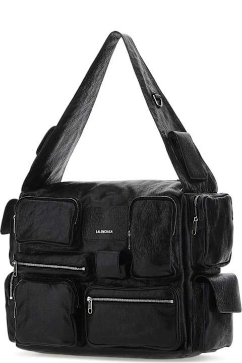 メンズ トートバッグ Balenciaga Black Leather Large Supebusy Shoulder Bag