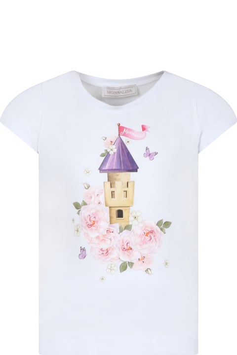 Monnalisa Kids Monnalisa White T-shirt For Girl With Castle Print And Logo