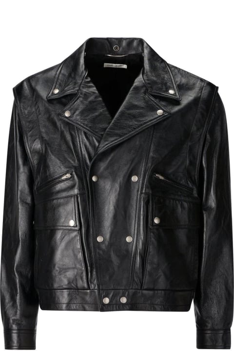 メンズ Saint Laurentのコート＆ジャケット Saint Laurent Crinkled-effect Biker Leather Jacket