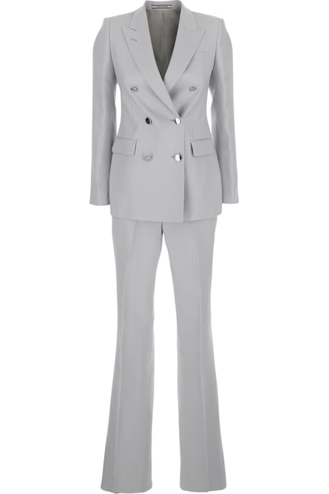 Homeware Tagliatore Grey Double-breasted Suit With Golden Buttons In Linen Woman