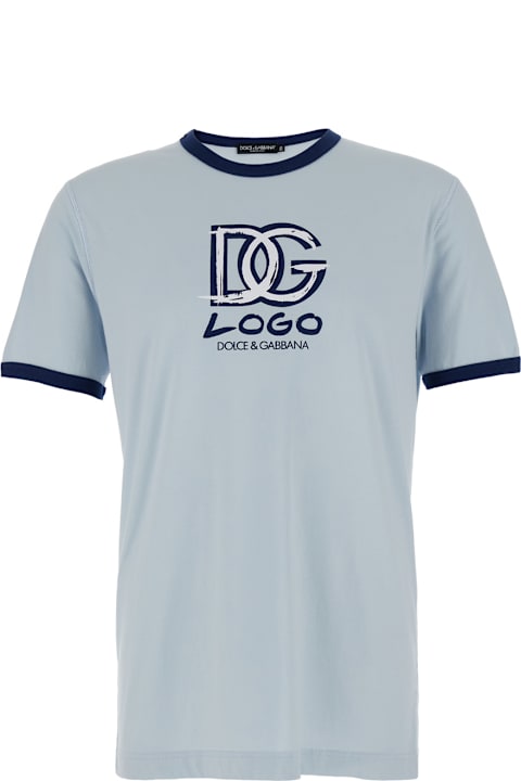 Dolce & Gabbana for Men Dolce & Gabbana Light Blue Crewneck T-shirt With Logo Print On The Front And Contrasting Details In Cotton Man