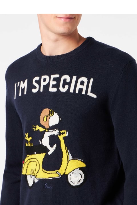 Homeware MC2 Saint Barth Man Crewneck Sweater With Snoopy Scooter Jacquard | Snoopy - ©peanuts Special Edition