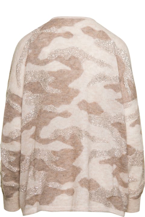 Beige V-neck Cardigan With Camouflage Motif All-over Woman