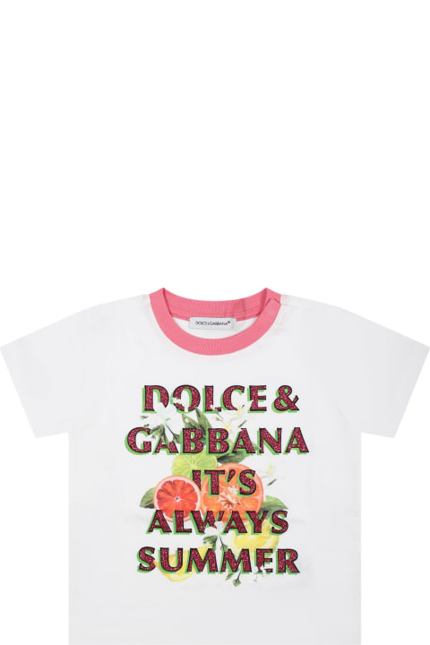 White T-shirt For Baby Girl With Multicolor Print