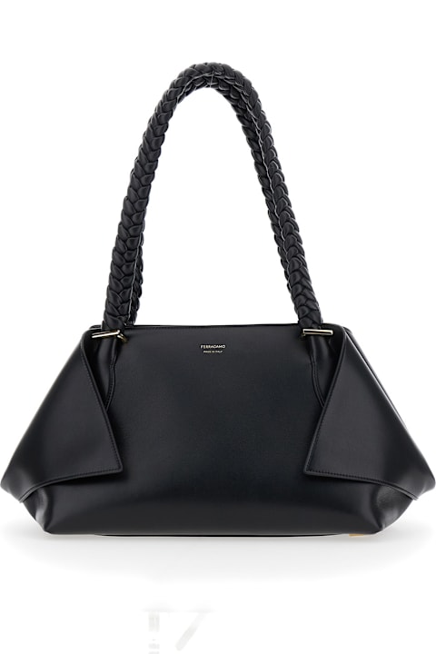 Homeware Ferragamo 
the Scarf Bag
 Black Shoulder Bag With Braided Handles And Folded Corners In Leather Woman
